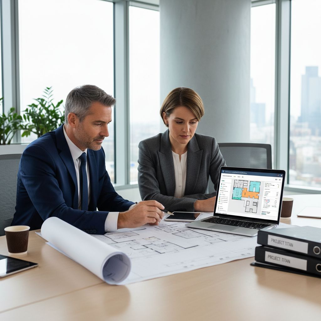 Facilities manager and security consultant reviewing access control plans at a meeting table in a modern UK office