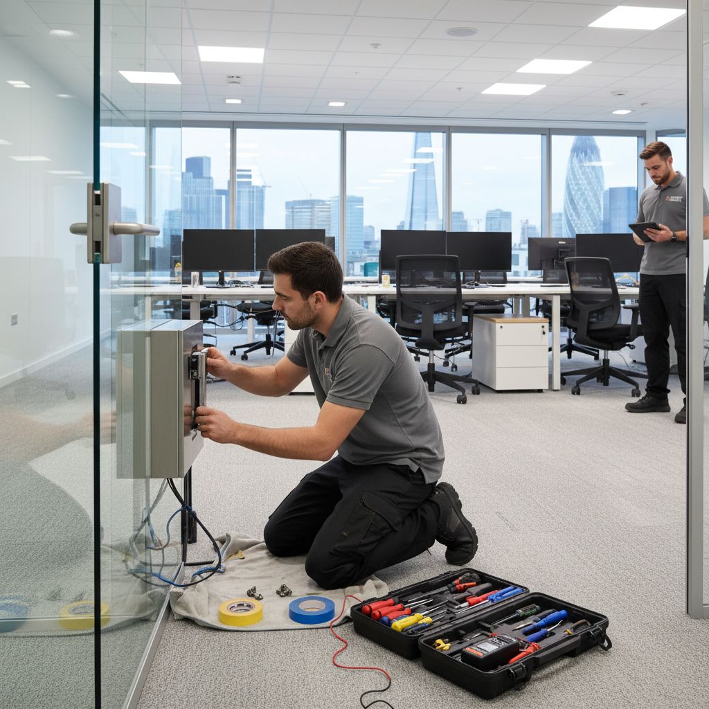 Security engineer installing an access control panel inside a door frame in a modern UK commercial office building