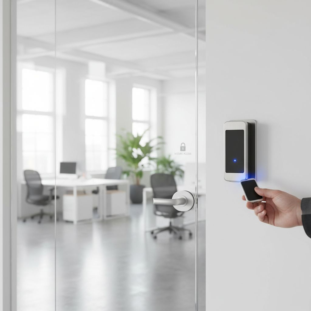 Key fob access control reader mounted beside a modern glass office door in a UK commercial building