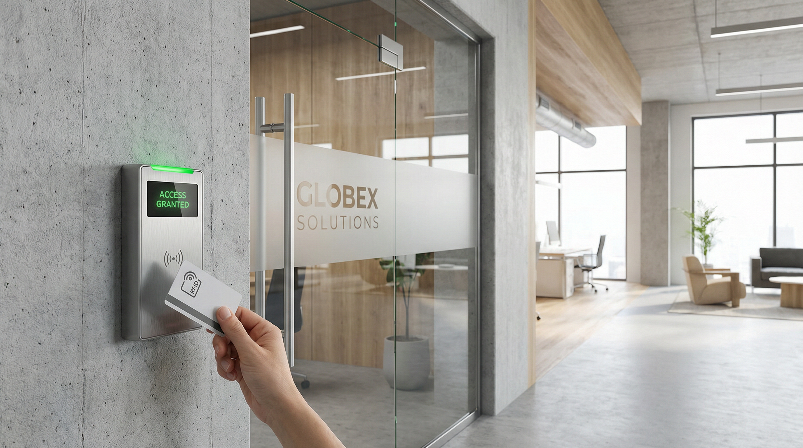 Access control reader mounted beside a commercial door