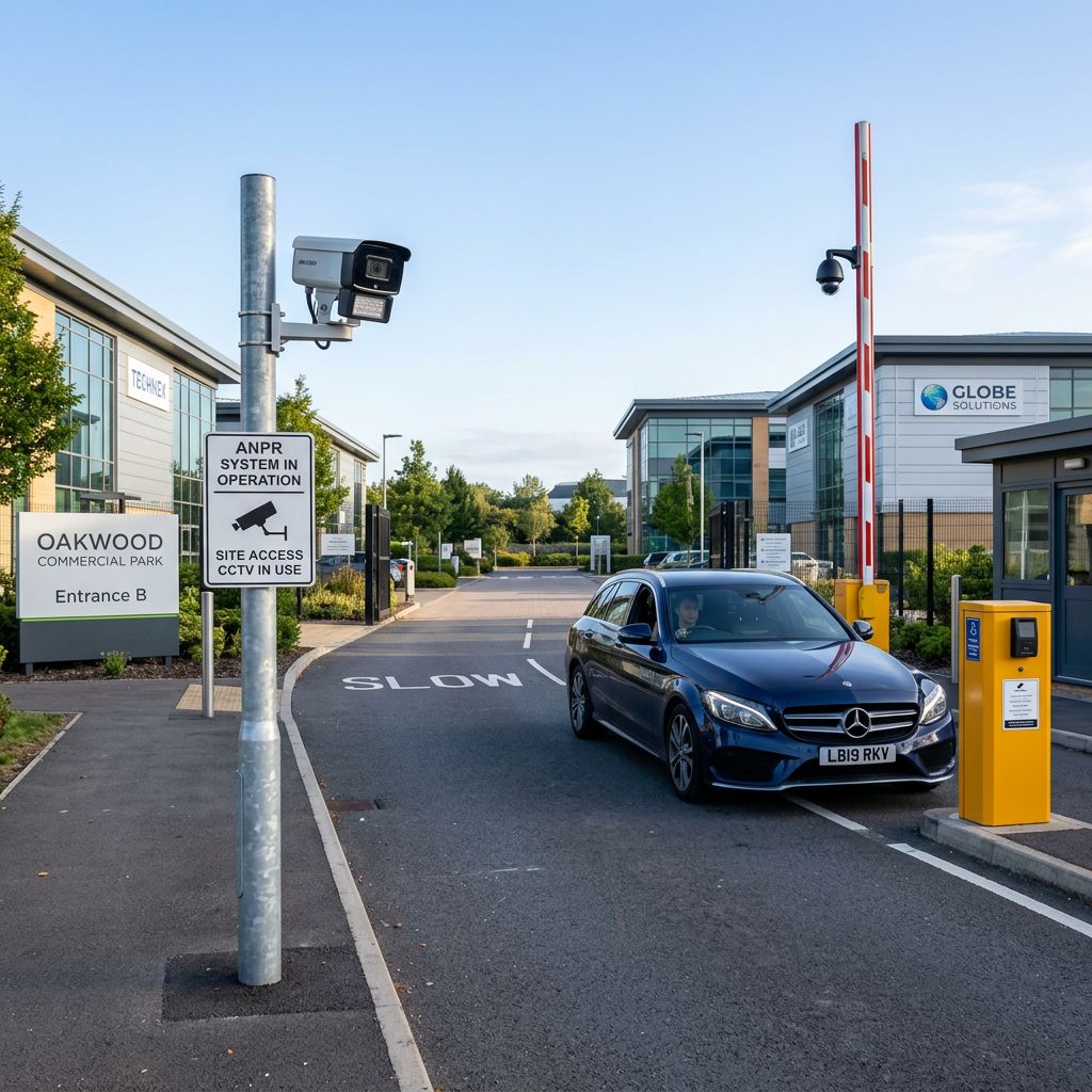 Vehicle approaching an automatic barrier at a UK business park with ANPR camera