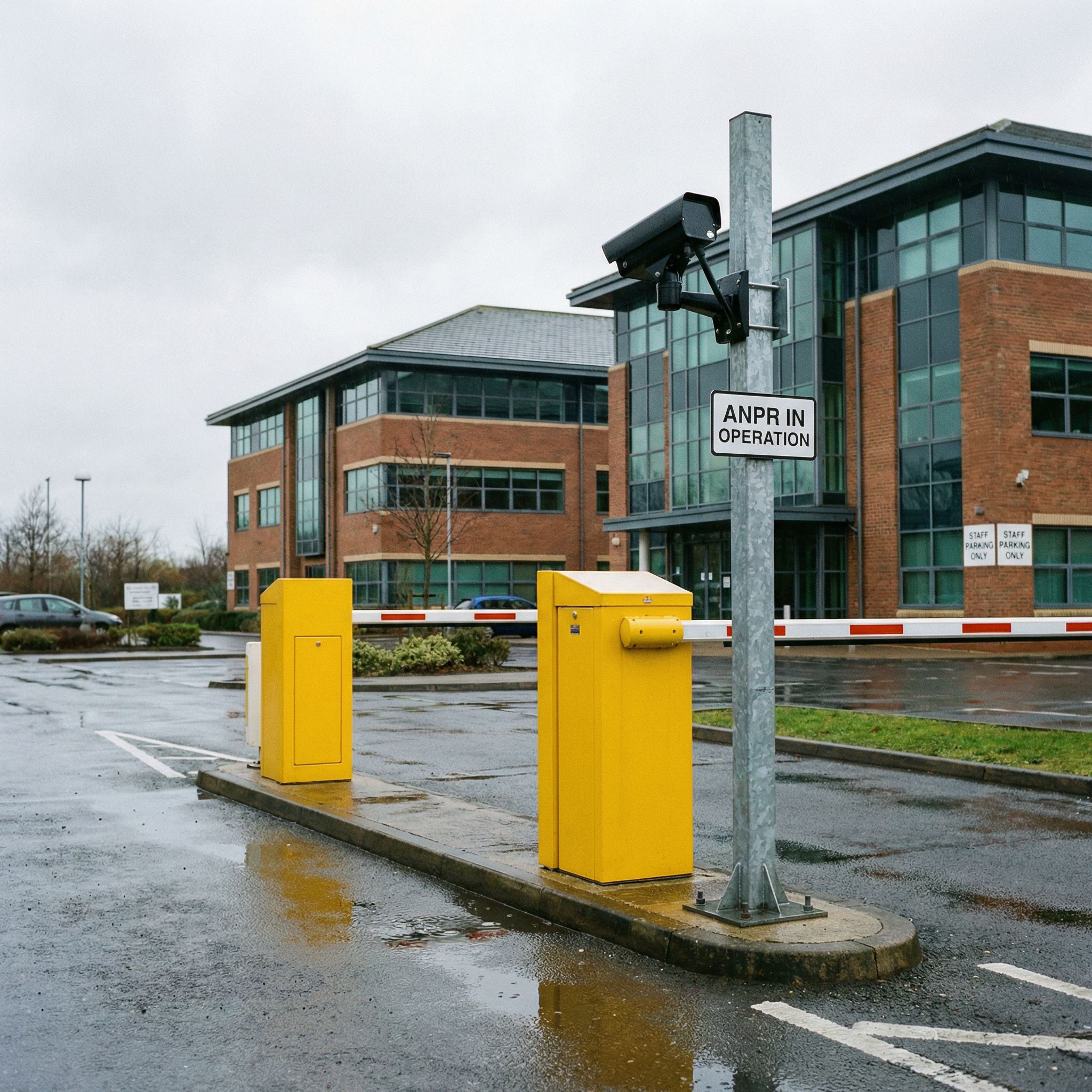 ANPR camera and barrier system at a UK business park entrance
