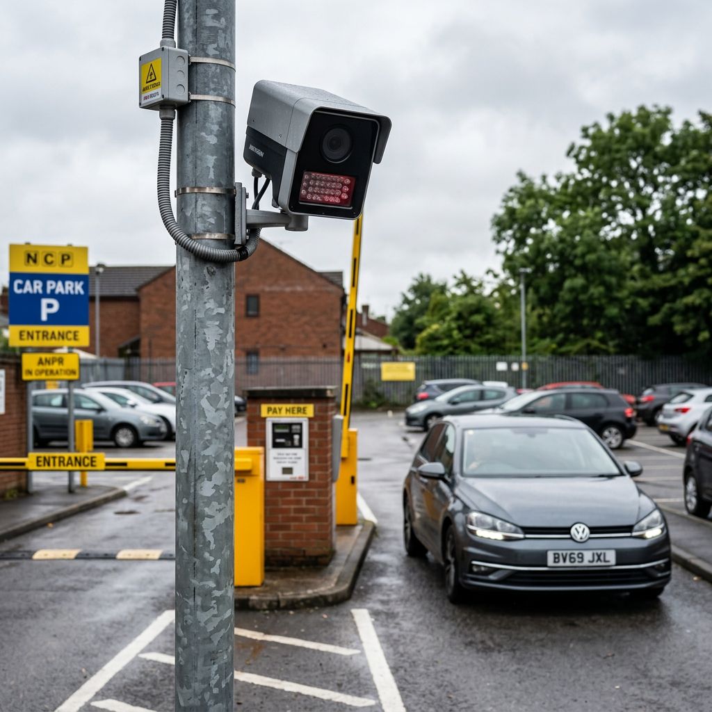 ANPR camera mounted at a UK car park entrance barrier