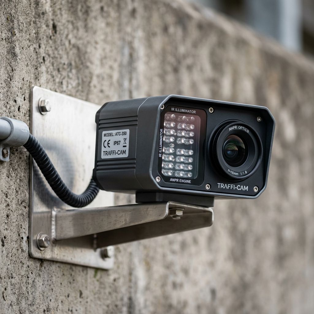 Close-up of a modern ANPR camera unit with infrared illuminator
