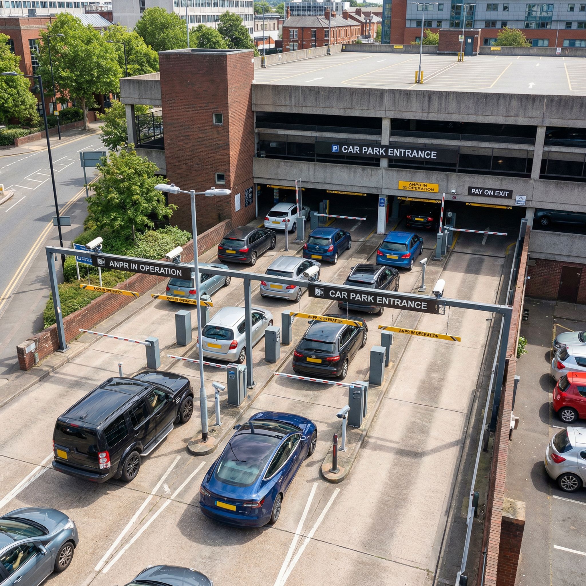 Multi-lane ANPR car park entrance with barriers and cameras