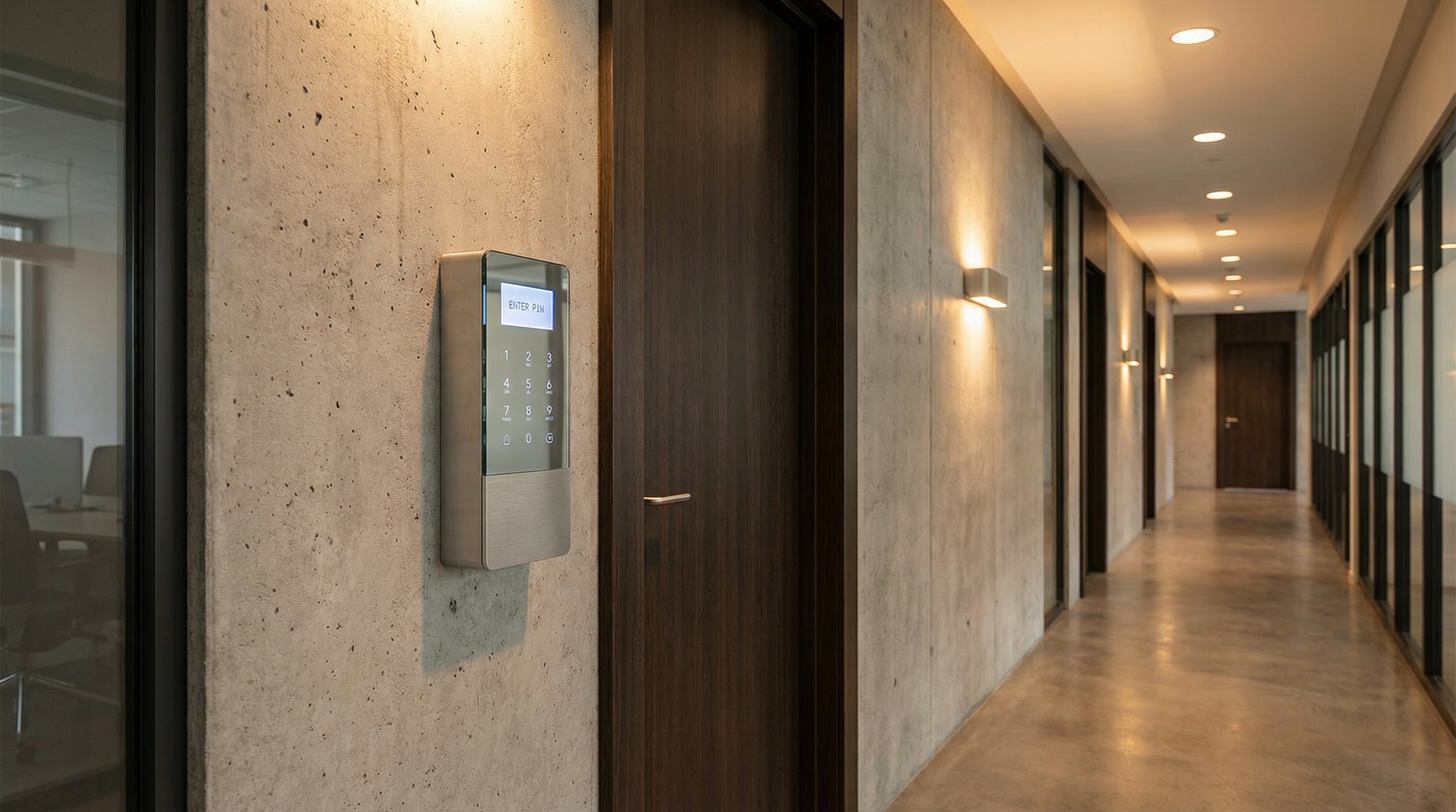 Biometric access control reader installed at the entrance to a secure commercial building