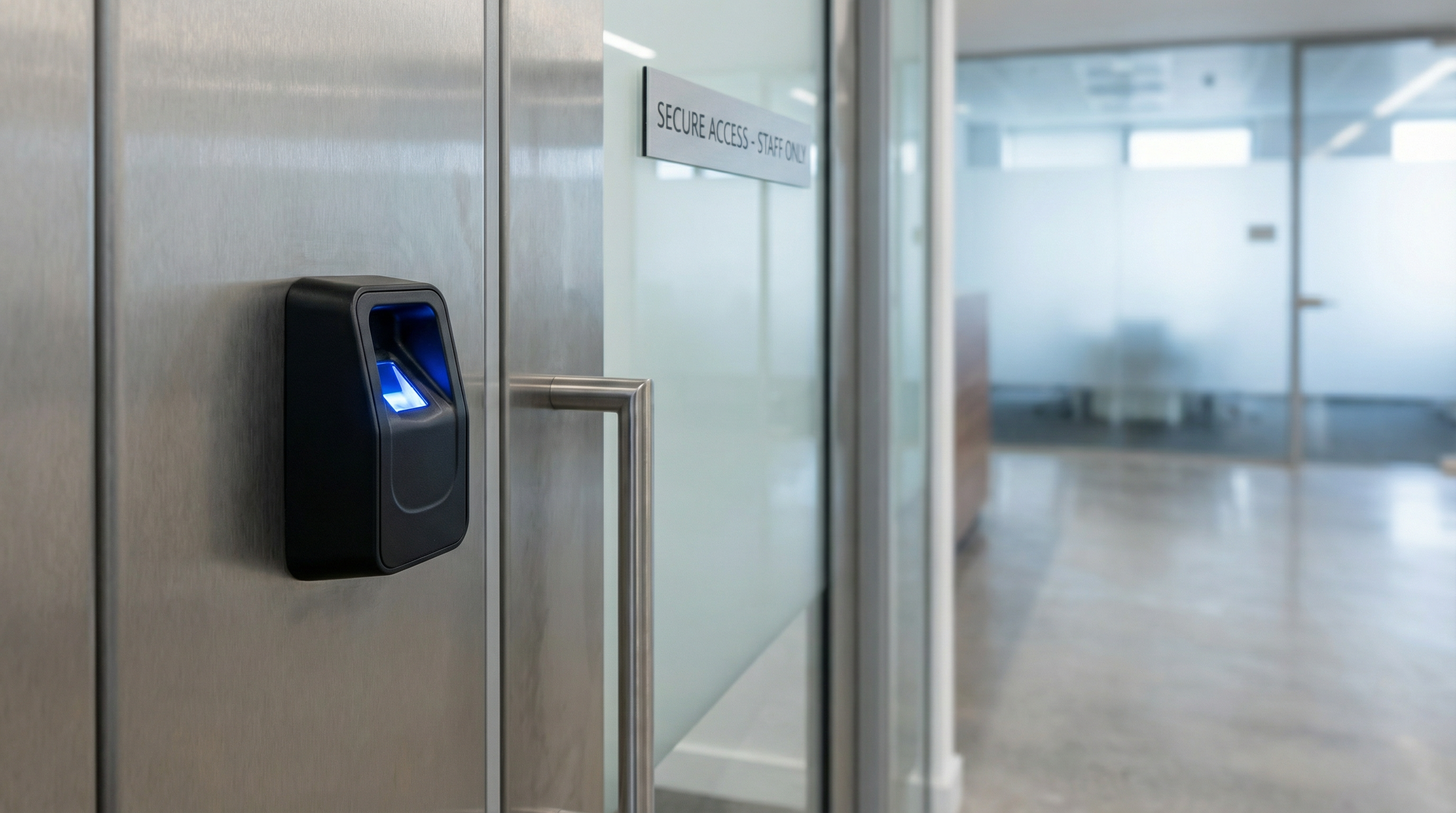 Close-up of a fingerprint reader mounted beside a secure entrance door in a commercial building