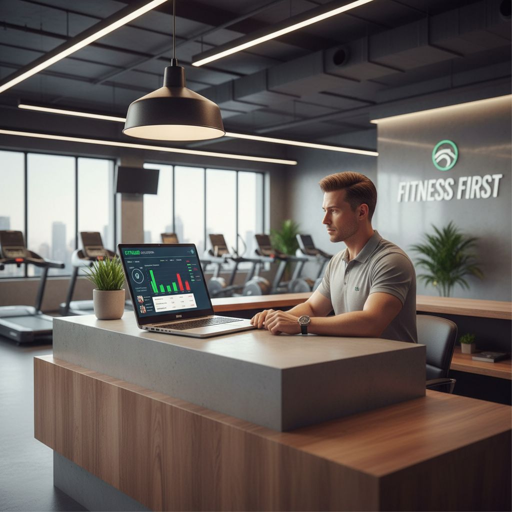 A gym manager reviewing a membership access control dashboard on a laptop at a modern reception desk