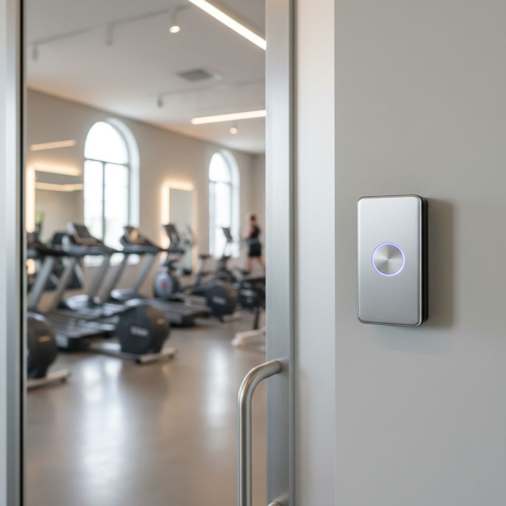RFID card reader mounted beside a modern gym entrance door with fitness equipment visible in background