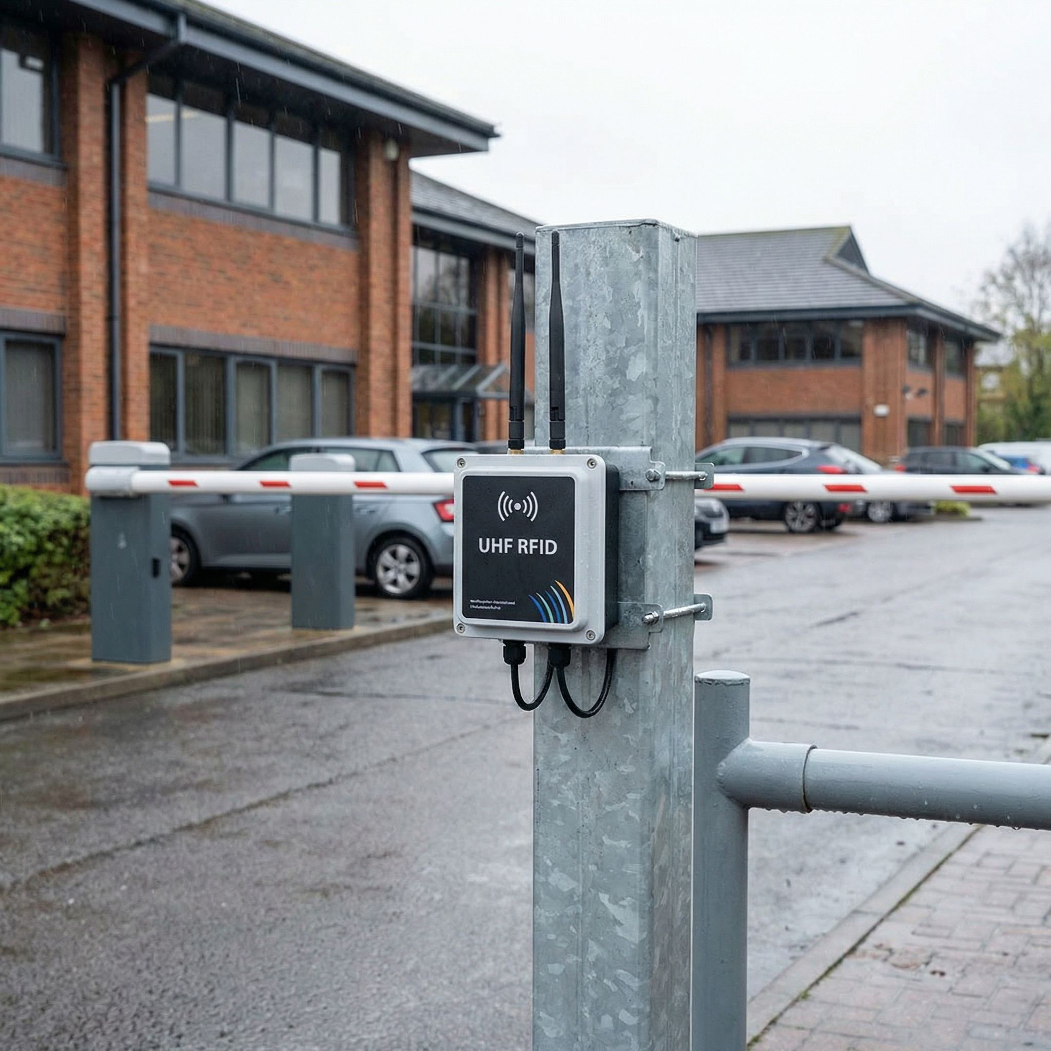 Long-range UHF RFID reader mounted on a steel post at a vehicle access barrier entrance, outdoor commercial premises