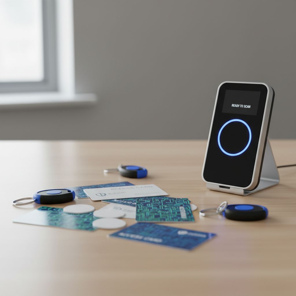 NFC smart access cards and key fobs beside an access control reader