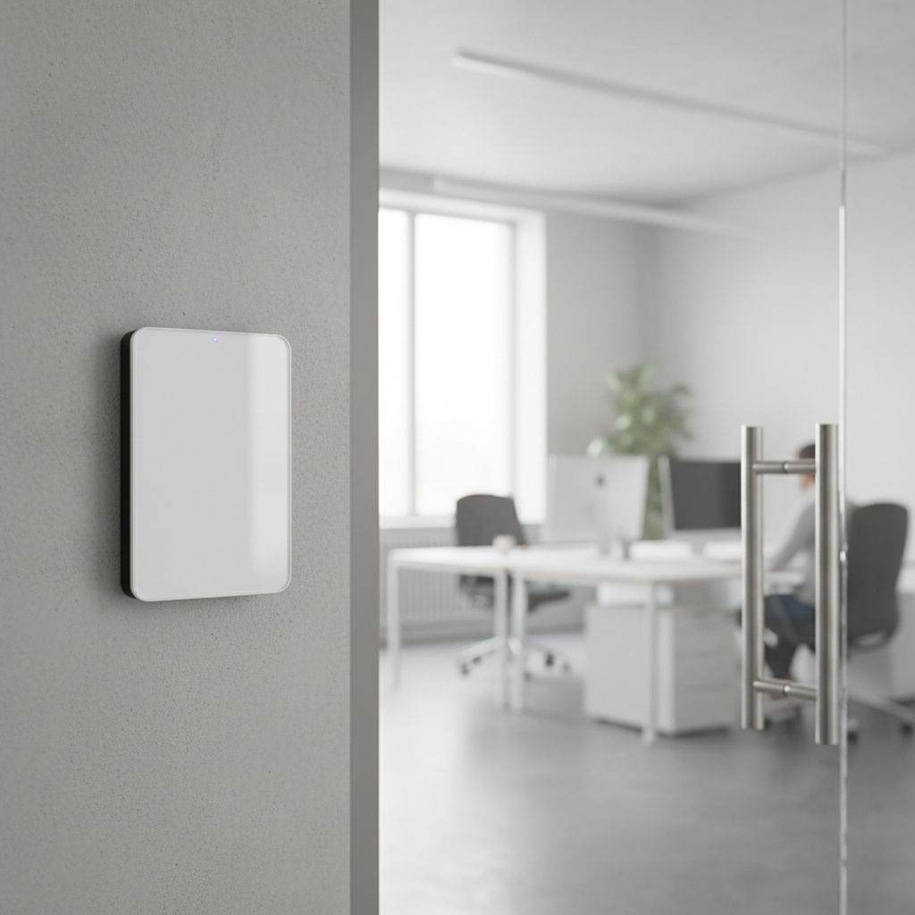 NFC smart card reader mounted beside a modern office door