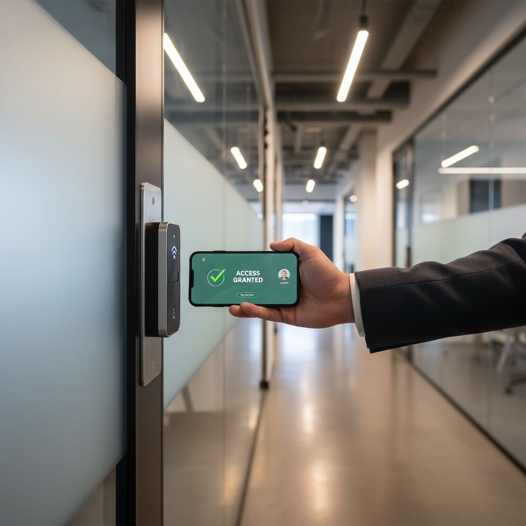 Person using a smartphone as an NFC access credential at a door reader
