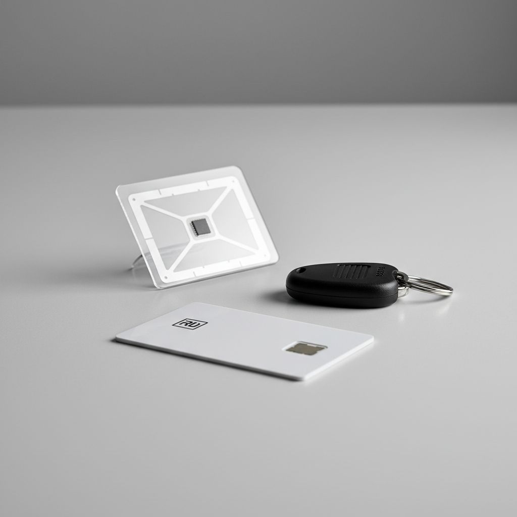 A selection of RFID access control credentials (key fob, proximity card, and vehicle windscreen tag) laid on a desk, clean product photography, shallow depth of field, neutral background