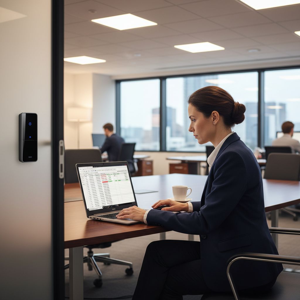 A building security professional reviewing RFID access control system logs on a laptop in a modern office, access control reader visible on the wall in the background, professional setting, soft natural light