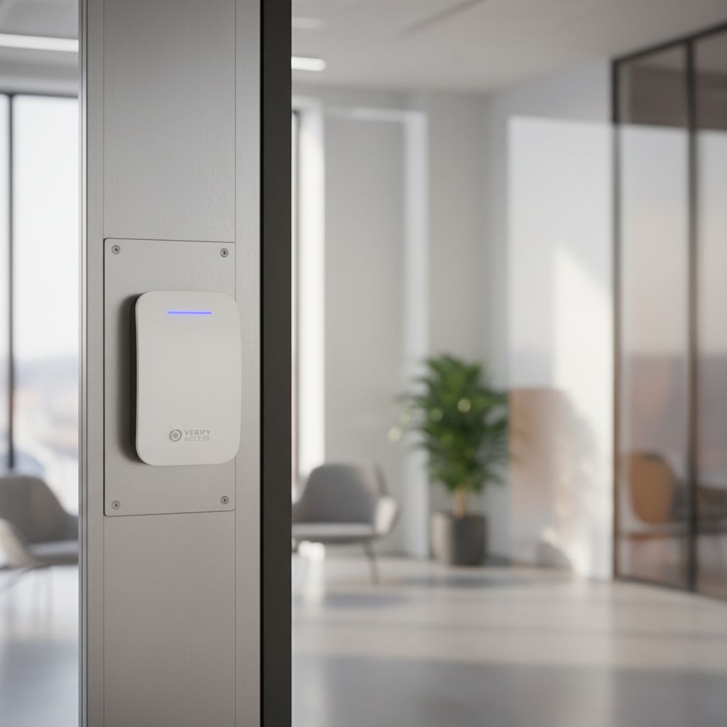 RFID card reader mounted beside a glass entrance door in a modern UK office building, clean minimal interior, photorealistic commercial photography