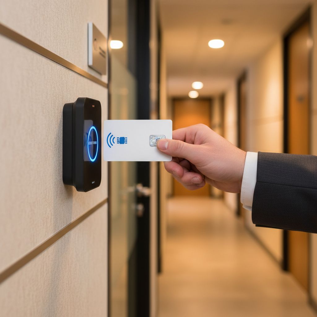Security professional presenting an RFID smart card to an encrypted access control reader in a modern UK office corridor