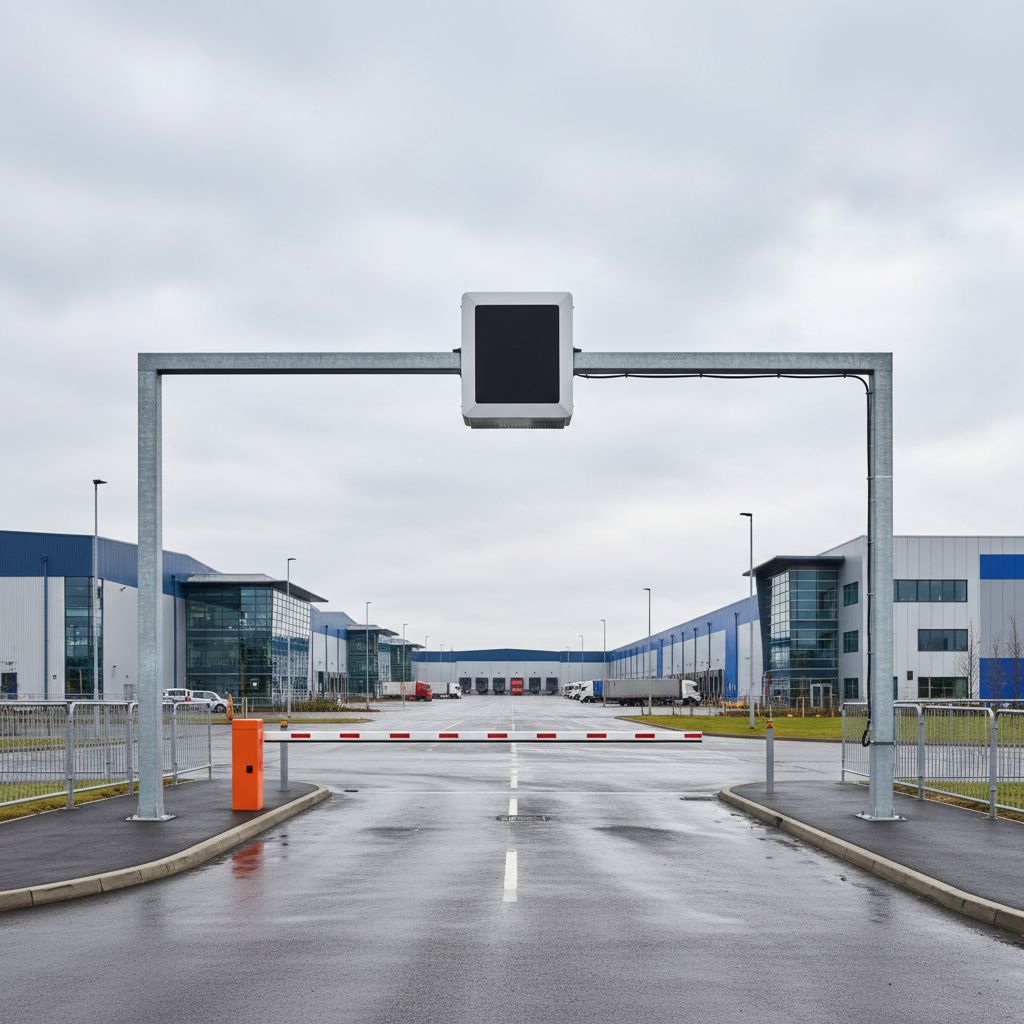 A UHF RFID long-range reader mounted at a commercial site entrance barrier, modern industrial logistics site background, overcast UK sky, photorealistic outdoor photography