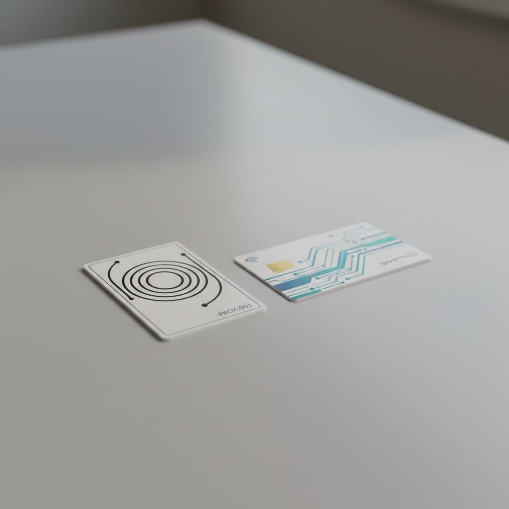 A proximity card and modern RFID smart card placed side by side on a desk, product photography, neutral background, shallow depth of field