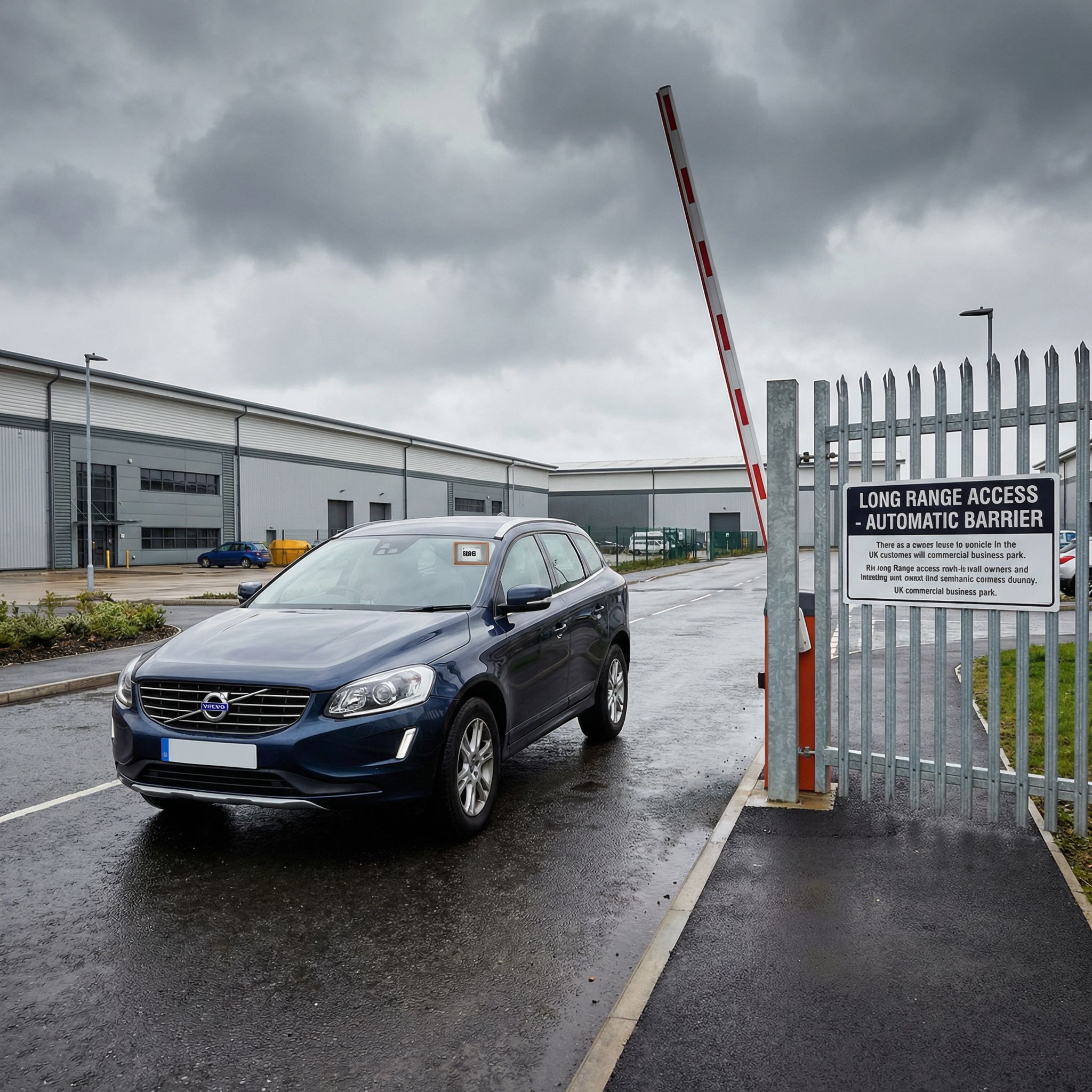 Vehicle approaching a long-range RFID access barrier gate with barrier arm raising, outdoor UK commercial premises