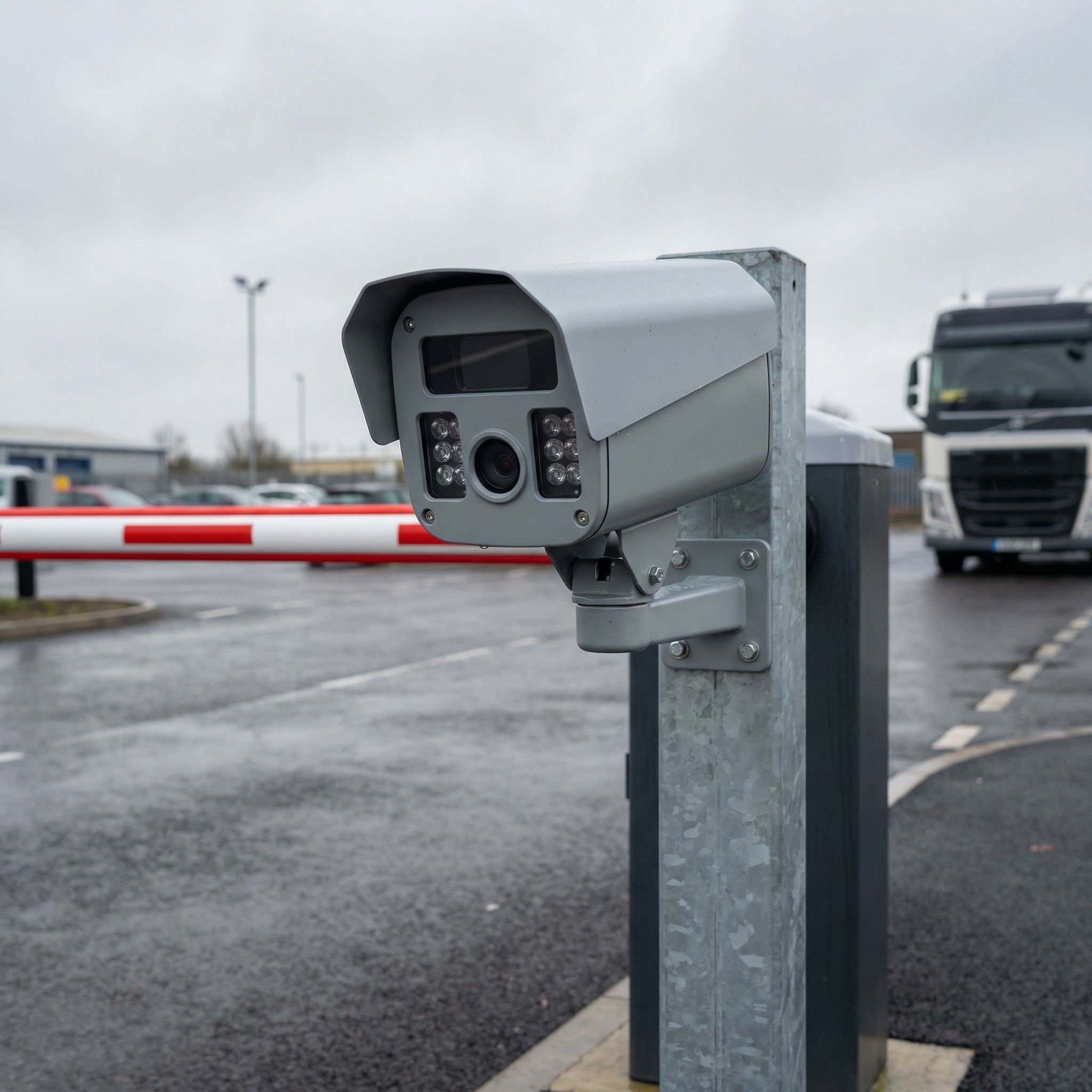 Close-up of a compact LED parking guidance VMS unit mounted on a car park wall, showing available spaces count display panel